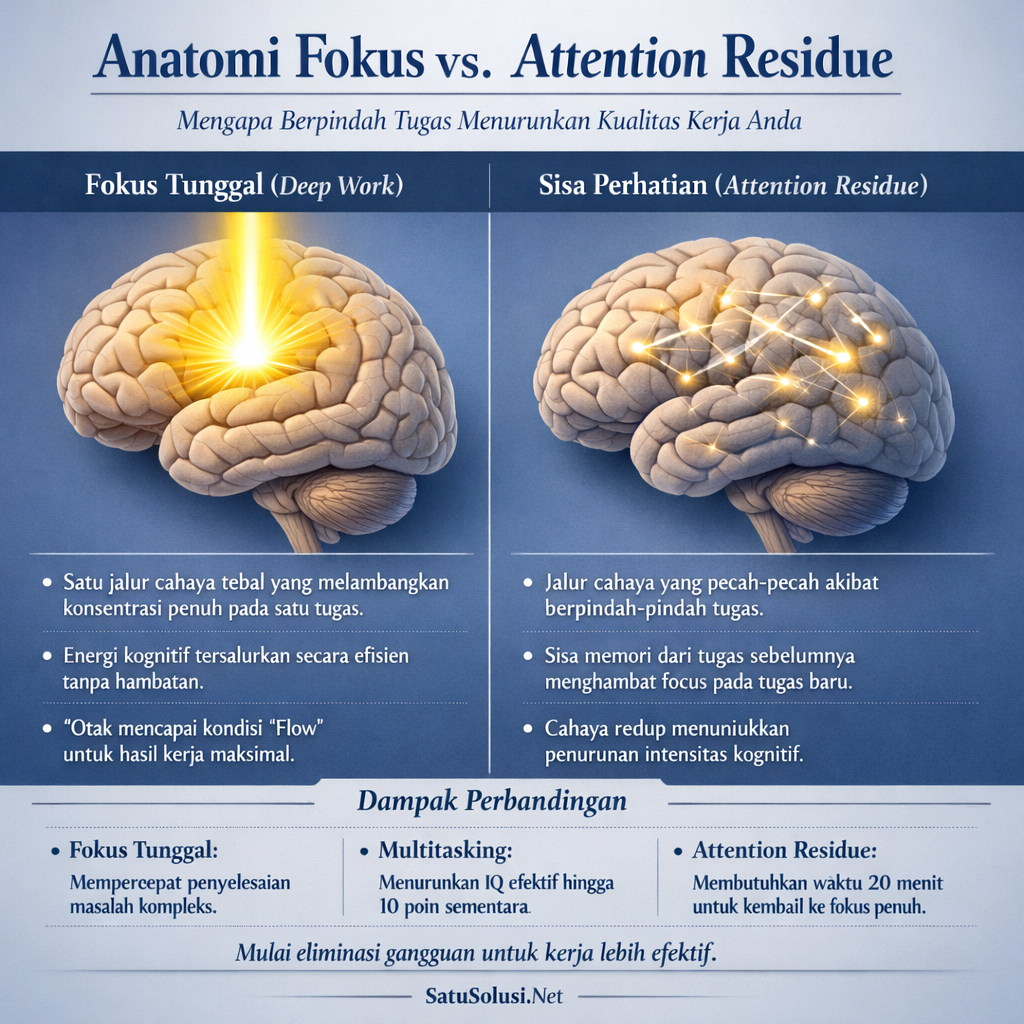 Perbandingan visual otak manusia antara Deep Work di Era AI dengan satu jalur cahaya fokus kuat dan Multitasking dengan jalur cahaya terfragmentasi yang menunjukkan attention residue dan penurunan fokus kognitif.