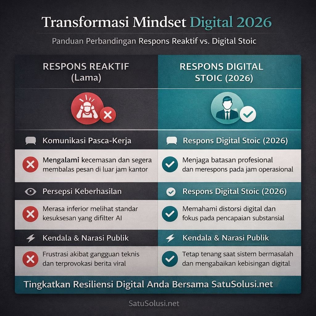 Tabel perbandingan antara reaksi impulsif lama dan respons bijak ala Digital Stoicism terhadap situasi teknologi.