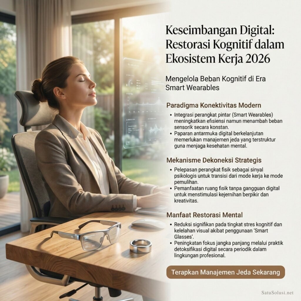 Seorang wanita profesional melepas perangkat wearable canggih untuk melakukan jeda digital atau puasa teknologi.