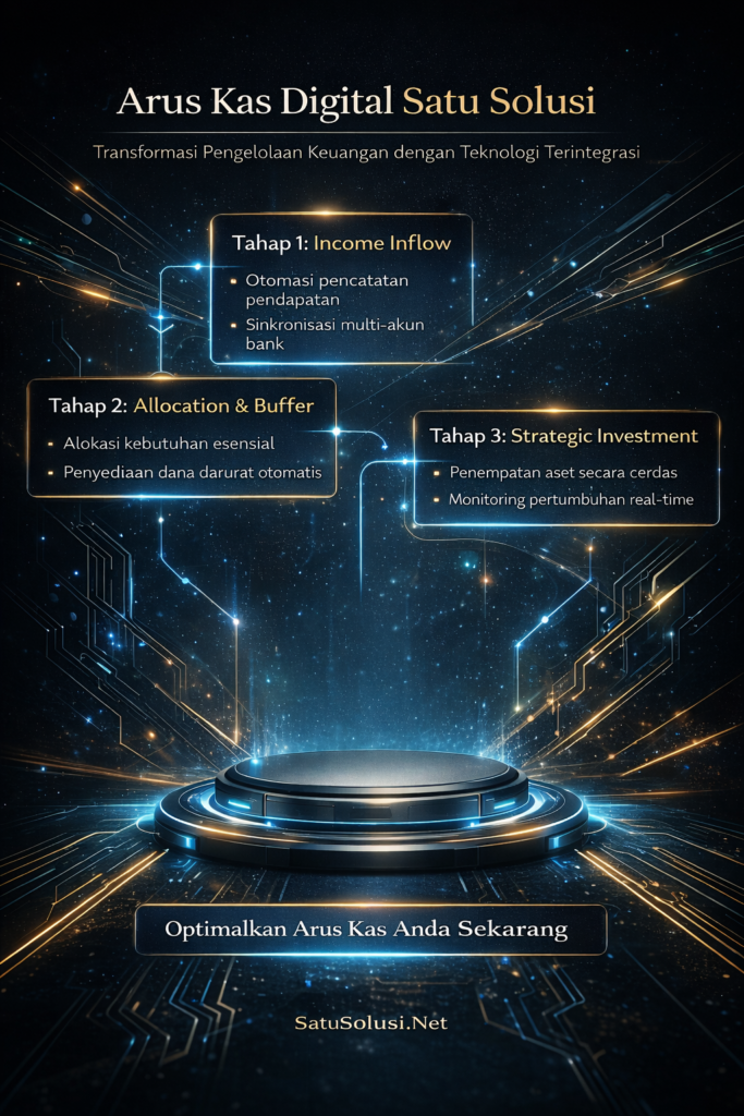 Infographic Filosofi Uang Digital menampilkan sistem arus kas digital tiga tahap: income inflow, allocation buffer, dan strategic investment dengan tampilan futuristik teknologi finansial.