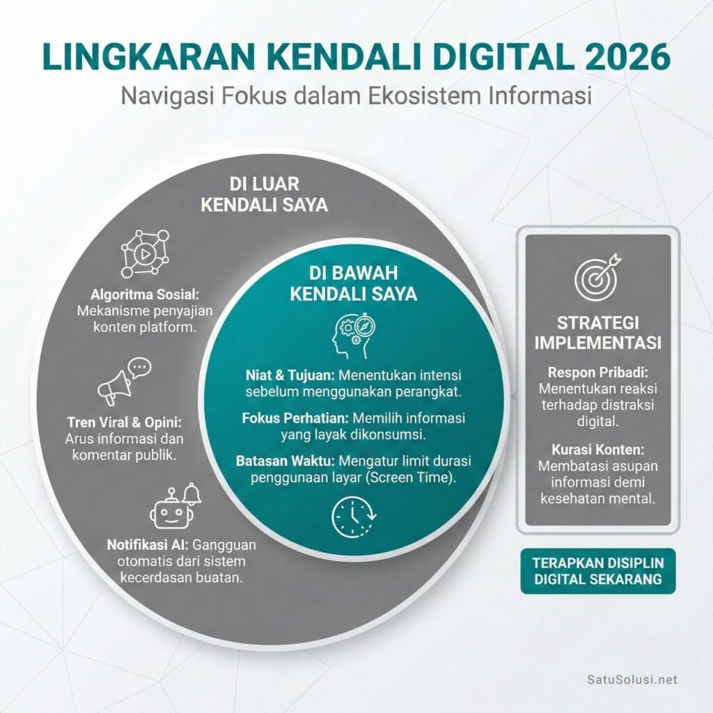Digital Stoicism 2026: Dua lingkaran yang membagi fokus antara hal yang bisa dikendalikan dan distraksi digital luar di tahun 2026.