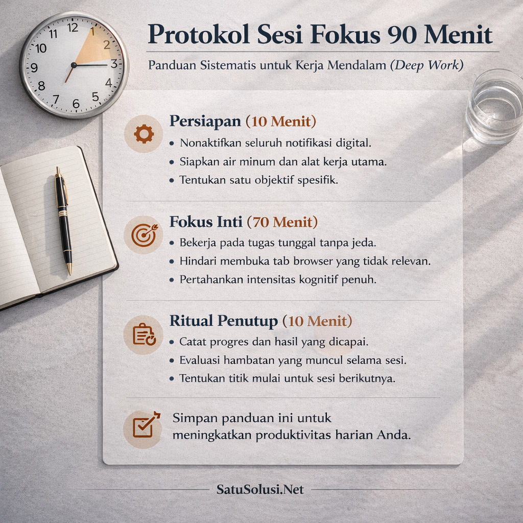 Infografis protokol sesi fokus 90 menit yang menampilkan tiga fase yaitu Persiapan 10 menit, Fokus Inti 70 menit, dan Ritual Penutup 10 menit dalam workspace minimalis profesional.