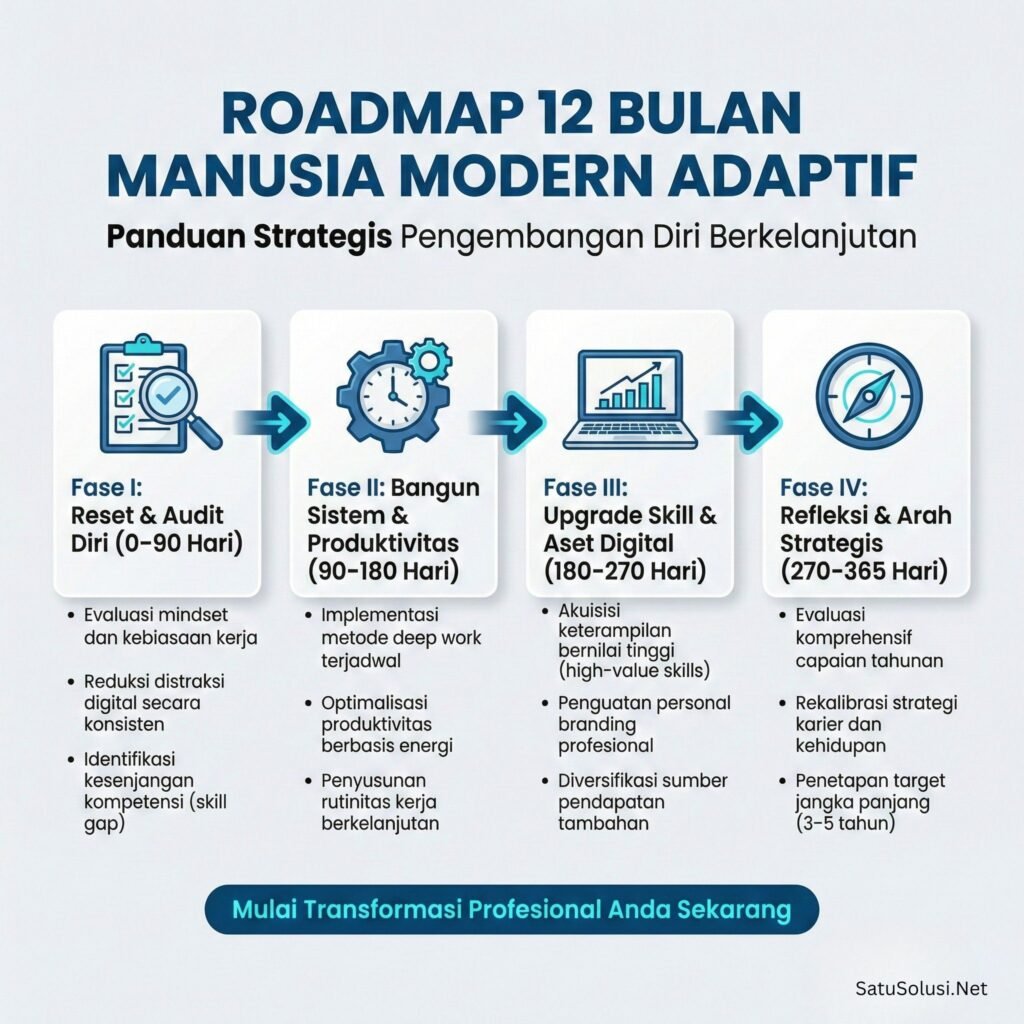 Infografis roadmap 12 bulan pengembangan diri manusia modern adaptif