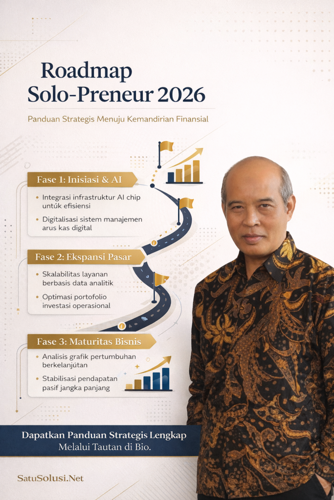 Infografis roadmap Kisah Sukses Solo-Preneur 2026 mencakup fase inisiasi AI, ekspansi pasar, dan maturitas bisnis mandiri.