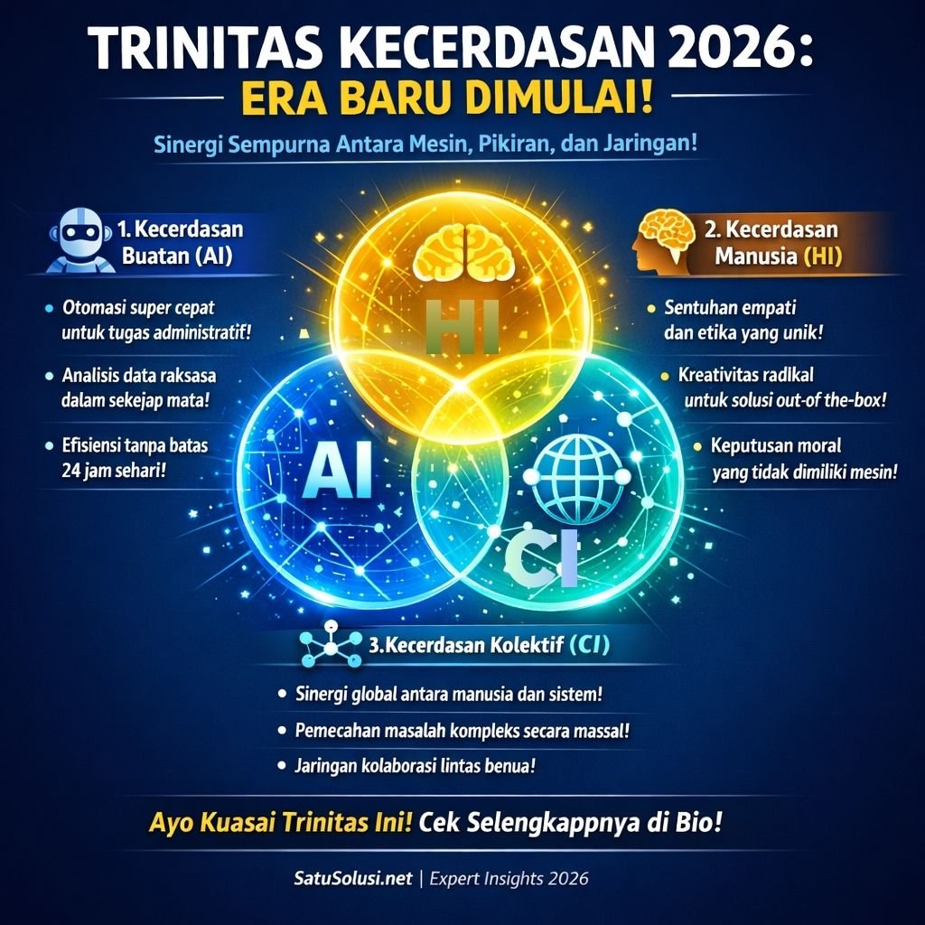 Infografis Trinitas Kecerdasan 2026 yang menampilkan sinergi antara Kecerdasan Buatan (AI), Kecerdasan Manusia (HI), dan Kecerdasan Kolektif (CI) sebagai pilar kesuksesan era baru.