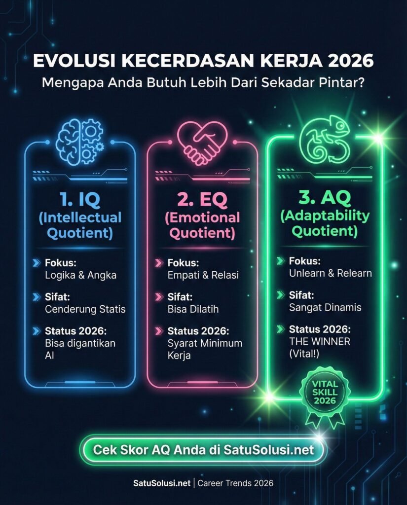 Infografis perbandingan tiga jenis kecerdasan: IQ (Intellectual), EQ (Emotional), dan AQ (Adaptability) yang menunjukkan Adaptability Quotient (AQ) sebagai skill paling vital di tahun 2026