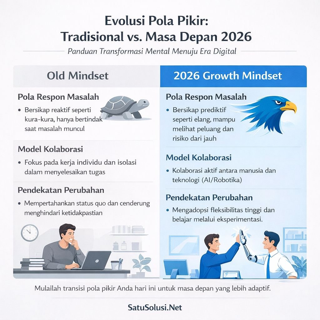 Infografis tabel perbandingan antara mindset tradisional yang reaktif dengan growth mindset ekonomi digital 2026 yang prediktif dan adaptif.
