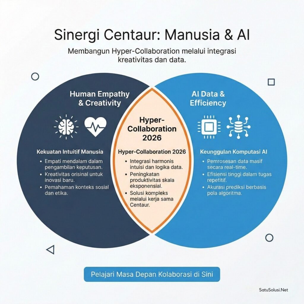 Diagram lingkaran yang menunjukkan pembagian peran antara empati manusia (High-Touch) dan efisiensi AI (High-Tech) dalam ekonomi digital.