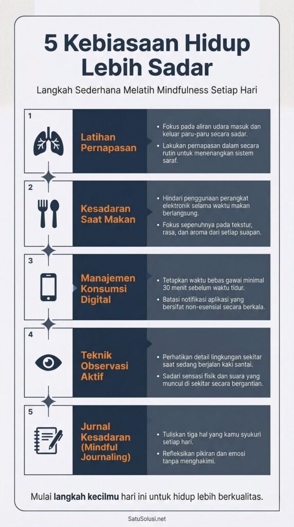 Infografis 5 langkah hidup dengan sadar seperti digital detox, jurnal syukur, dan mindfulness