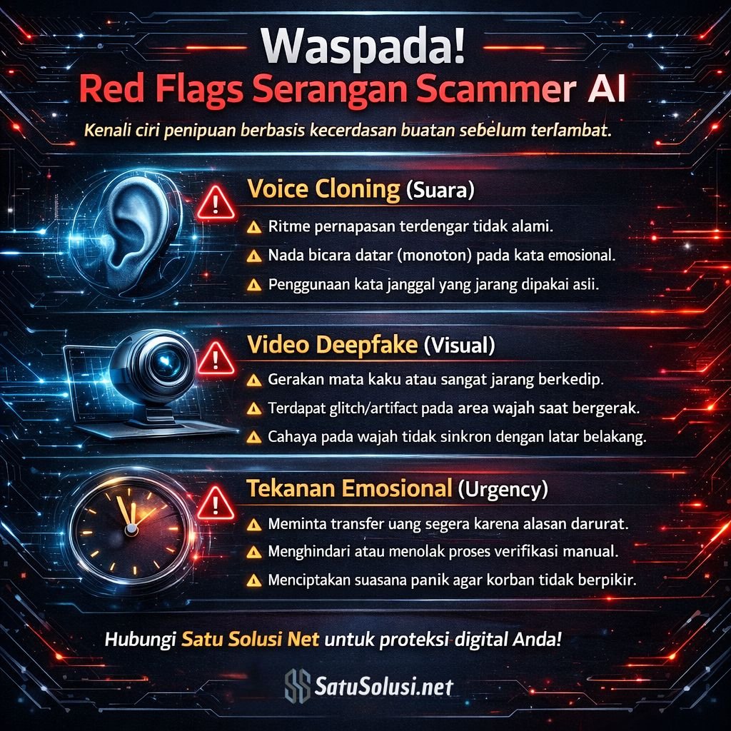 Infografis tanda-tanda peringatan atau red flags serangan voice cloning dan video deepfake untuk Keamanan Data Pribadi