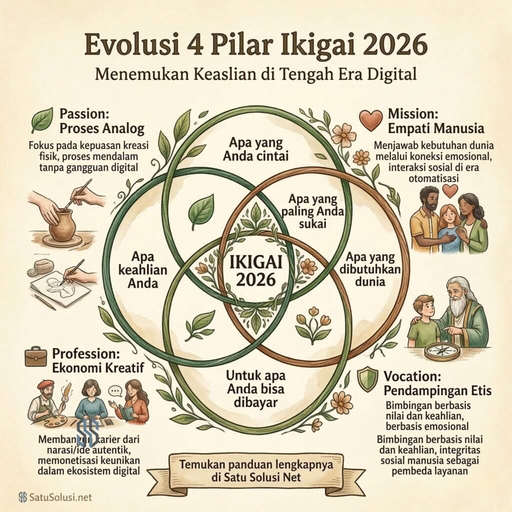 Panduan visual modifikasi 4 pilar Ikigai di Dunia Otomatis untuk tetap relevan di era otomatisasi.