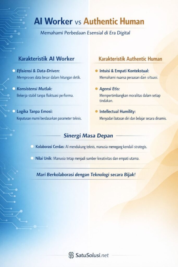Kepribadian Authentic Human 2026: Tabel perbandingan antara karakteristik pekerja AI yang efisien dan kepribadian manusia autentik yang berempati.