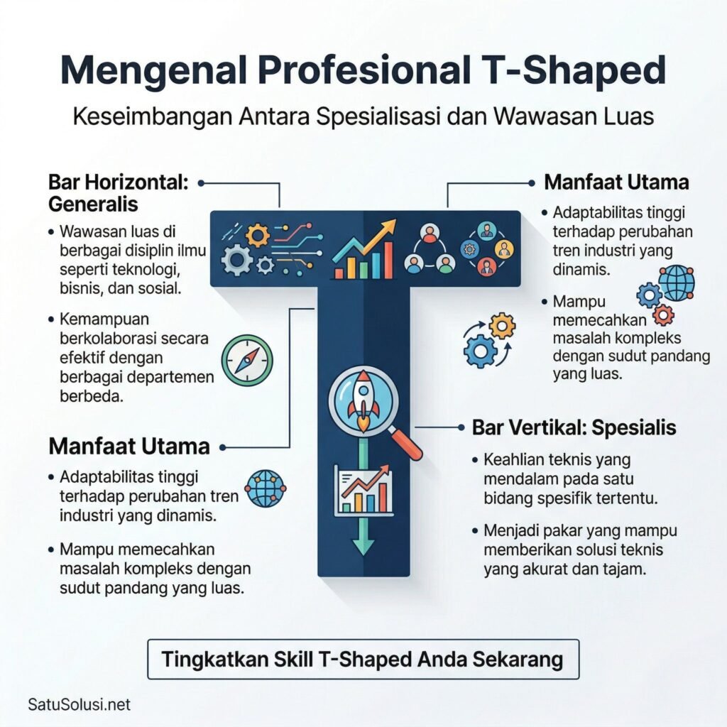 Diagram huruf "T" yang menunjukkan kedalaman satu skill dan keluasan banyak skill pendukung.