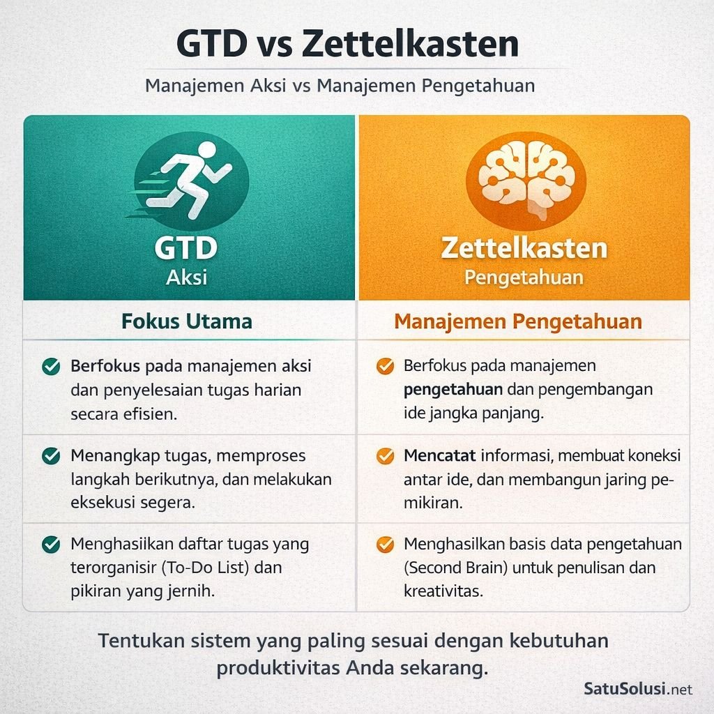 Diagram perbandingan antara metode manajemen tugas GTD dan manajemen pengetahuan Zettelkasten.