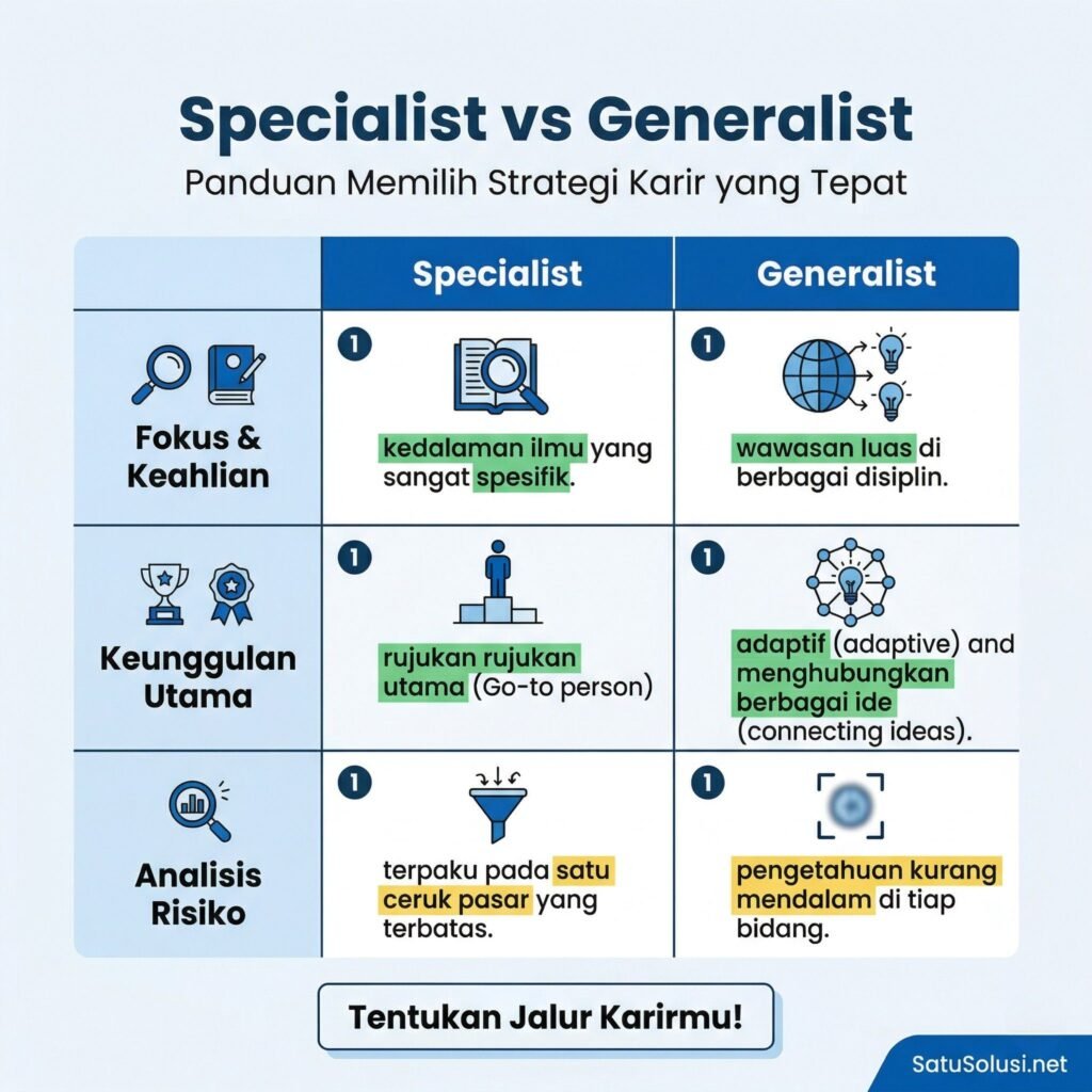 Tabel yang membandingkan risiko dan peluang Generalist vs Specialist 2026 di era AI.
