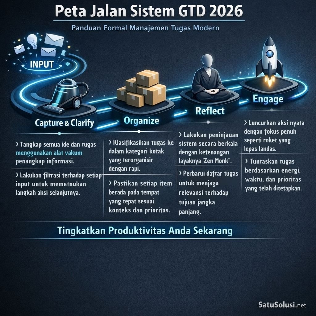 Infografis roadmap 5 langkah Sistem GTD 2026 untuk produktivitas maksimal.