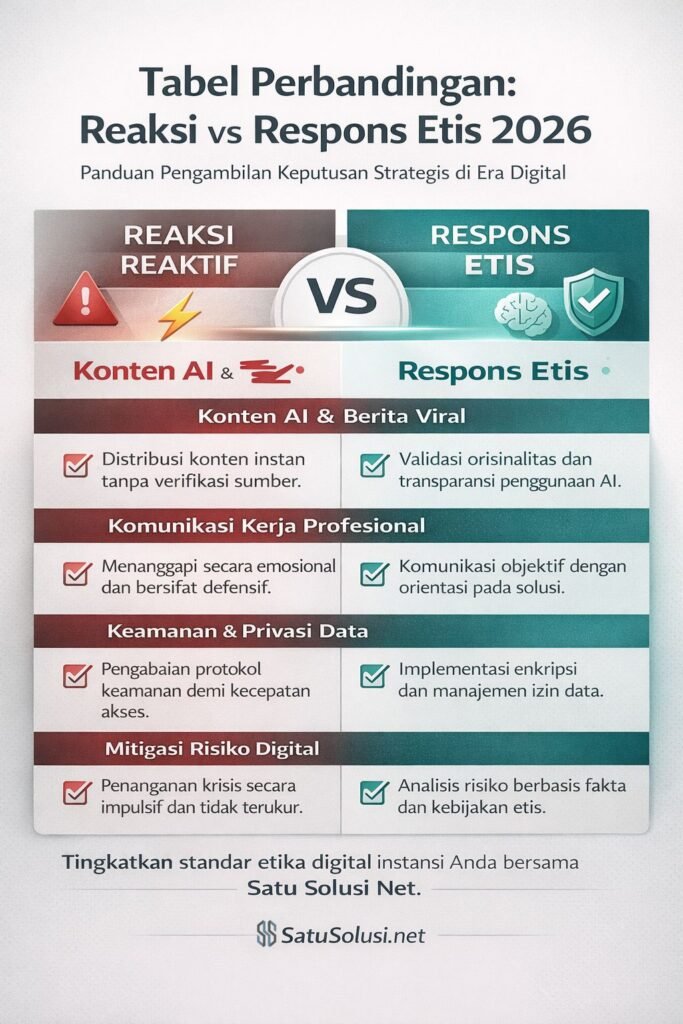 Infografis berbentuk tabel membandingkan empat skenario perilaku digital: Konten AI, Berita Viral, Komunikasi Kerja, dan Data Privasi. Menampilkan perbedaan antara Reaksi Reaktif (impulsif, berisiko) dan Respons Etis (bijak, aman) di tahun 2026.