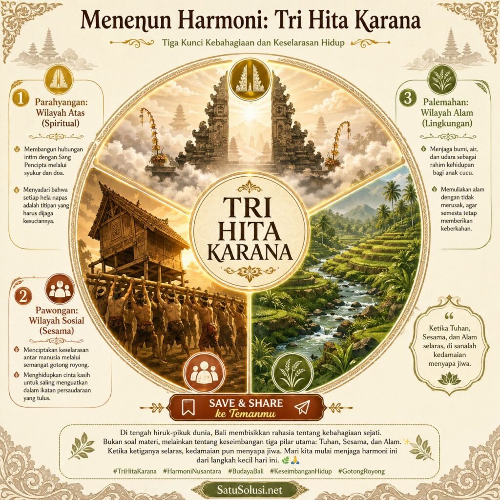 7 Rahasia Wisata Budaya Desa Adat: Obat Stres Ampuh dan Perjalanan Mencari Diri 1 Wisata Budaya Desa Adat: Infografis melingkar yang memvisualisasikan tiga pilar filosofi keseimbangan hidup masyarakat adat Nusantara yang mencakup hubungan harmonis dengan Tuhan, sesama manusia, dan alam semesta.
