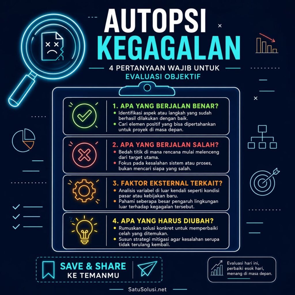 Infografis kerangka kerja 4 langkah melakukan autopsi belajar dari kegagalan bisnis atau proyek untuk memastikan pembelajaran yang optimal tanpa rasa malu.