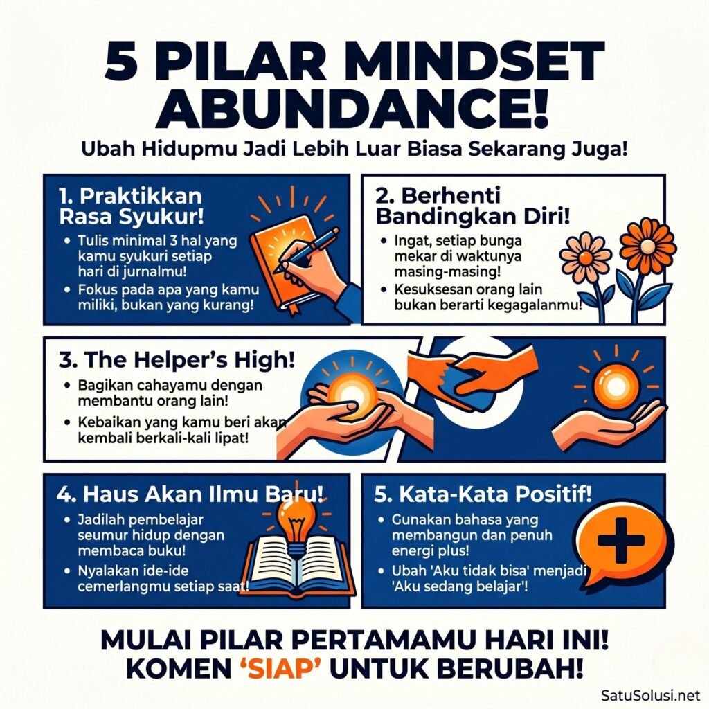 Mindset Abundance: Rahasia Mengapa Orang dengan Pola Pikir Positif Lebih Mudah Bahagia 2 Infografis 5 kebiasaan nyata untuk membangun mindset abundance: bersyukur, tidak membandingkan diri, berbagi, terus belajar, dan bahasa positif.