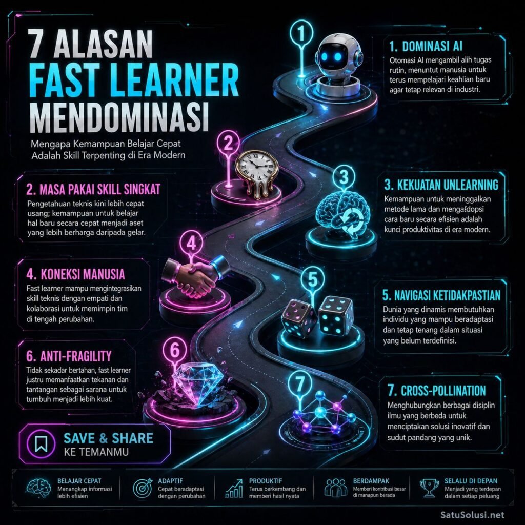Infografis merangkum 7 alasan strategis mengapa Fast Learner lebih dicari oleh perusahaan di tahun 2026 daripada Smart Worker.