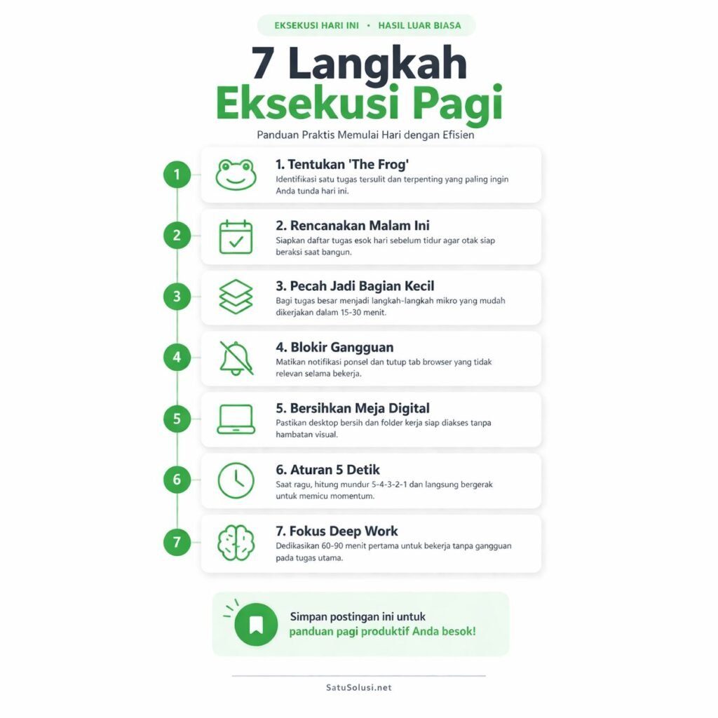 Panduan 7 langkah sistematis menerapkan Teknik Eat That Frog untuk mengatasi sifat malas dan menunda pekerjaan di 2026.