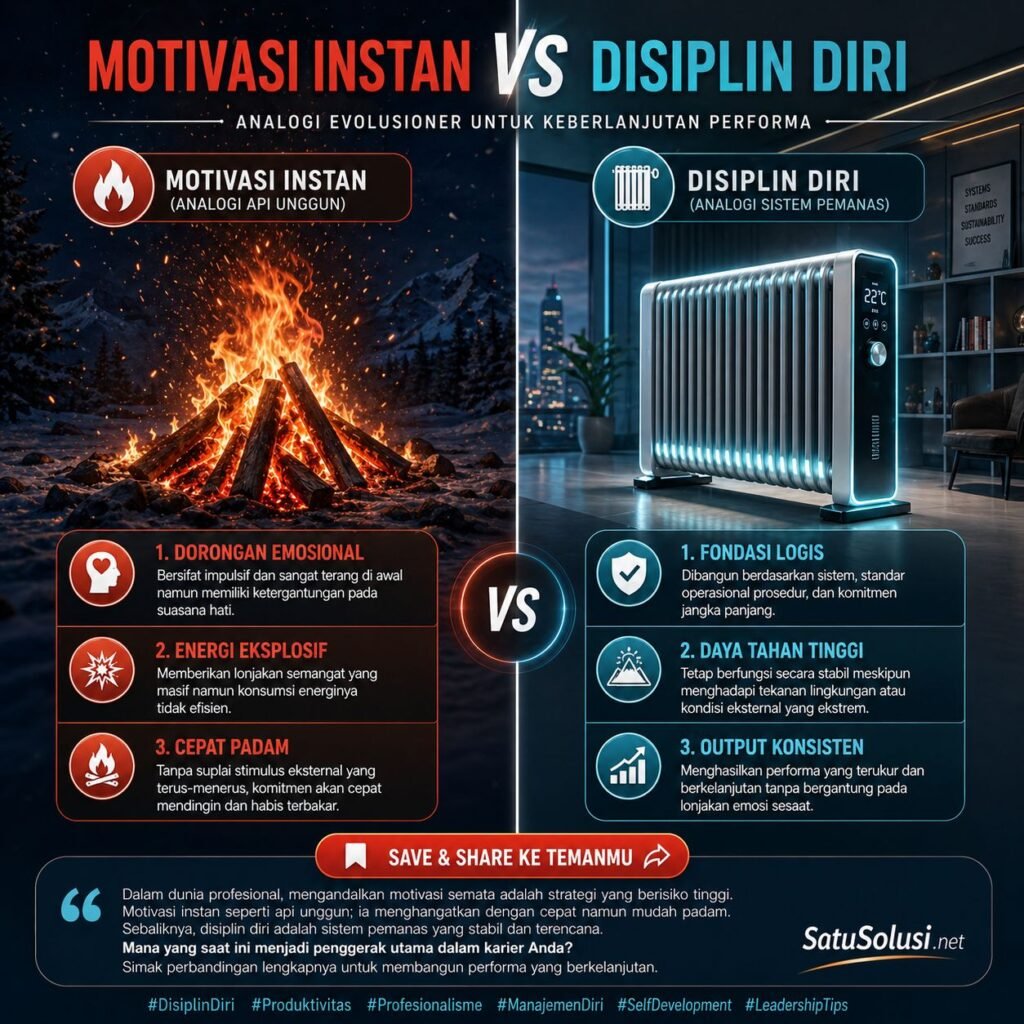 Ilustrasi perbandingan visual yang tajam menggambarkan bahaya motivasi instan yang dianalogikan sebagai api unggun yang cepat padam terbakar habis, berlawanan dengan disiplin diri jangka panjang yang dianalogikan sebagai pemanas ruangan listrik yang stabil dan terus-menerus menyala konsisten.