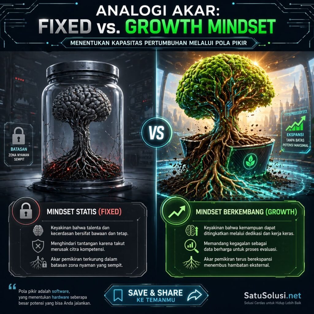 Ilustrasi perbandingan antara otak fixed mindset yang terkungkung batas seperti pohon di dalam stoples dengan growth mindset yang tumbuh bebas dan bercabang kuat.
