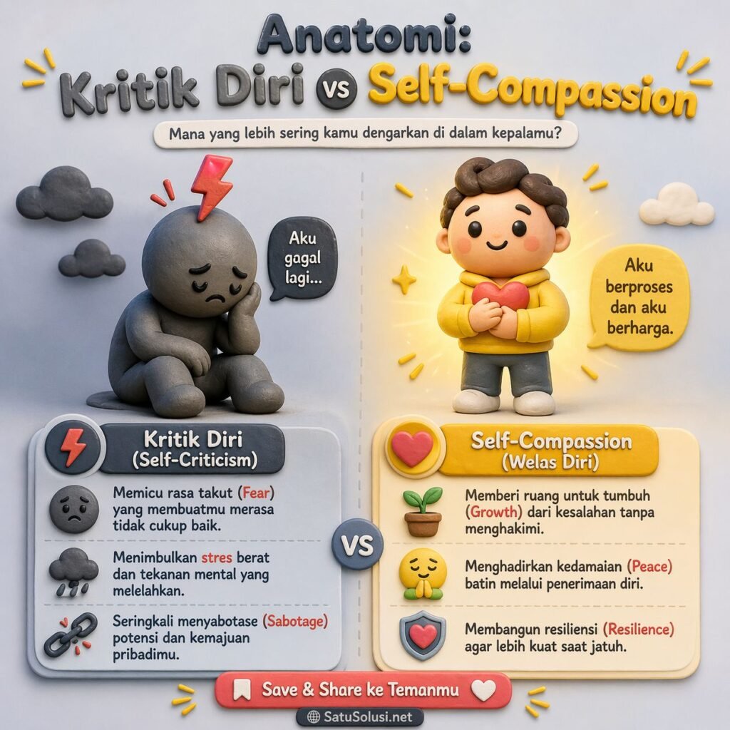 5 Rahasia Berani Tidak Sempurna: Stop Kritik Diri Sendiri! 1 Ilustrasi perbandingan visual antara dampak merusak dari kritik diri (inner critic) dengan dampak membangun dari praktik self-compassion pada psikologi seseorang untuk berani tidak sempurna
