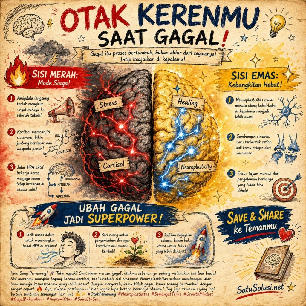 Diagram otak manusia membandingkan efek stres kortisol dengan neuroplastisitas sebagai dasar sains strategi bangkit lagi.