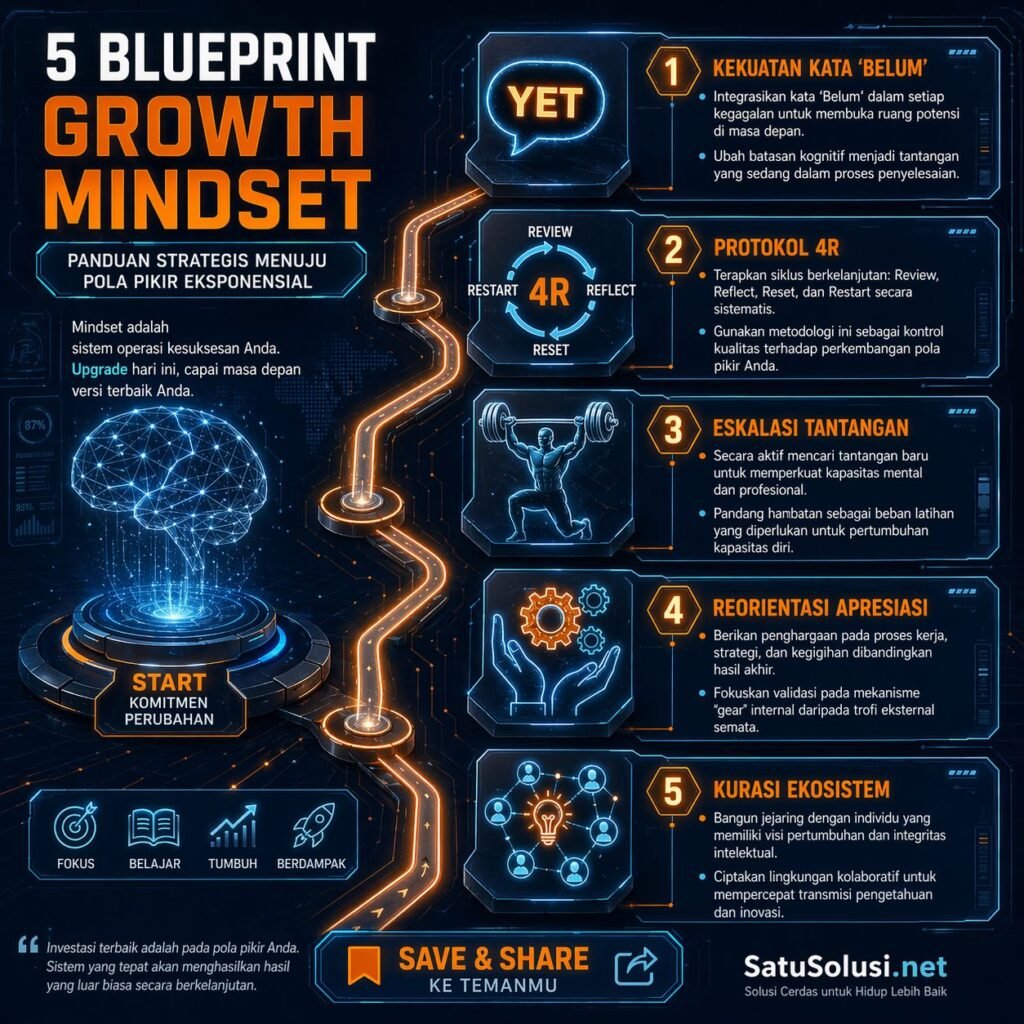Infografis roadmap 5 langkah strategis untuk melatih otak beralih ke growth mindset mulai dari teknik The Power of Yet hingga protokol 4R.