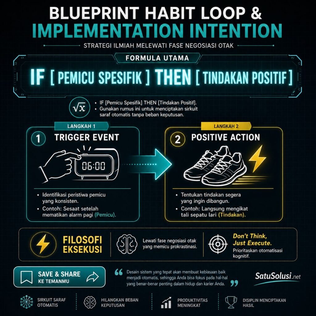 Bagan alur infografis (flowchart) yang memvisualisasikan rumus pembentuk kebiasaan kuat (habit loop) menggunakan metode IF-THEN atau Jika-Maka untuk mengotomatiskan disiplin diri jangka panjang dan menolak godaan prokrastinasi.