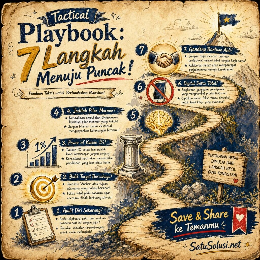 Infografis visual 7 langkah taktis strategi bangkit lagi dari titik nol, mulai dari audit kerusakan hingga bantuan profesional.