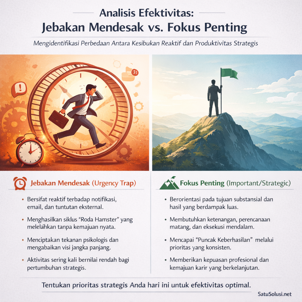 Cara Mengatur Prioritas Hidup Saat Semua Mendesak 1 Mengatur Prioritas Hidup: Infografis konsep Urgency Trap di mana seseorang terus sibuk merespons notifikasi tanpa mendekati tujuan utamanya.