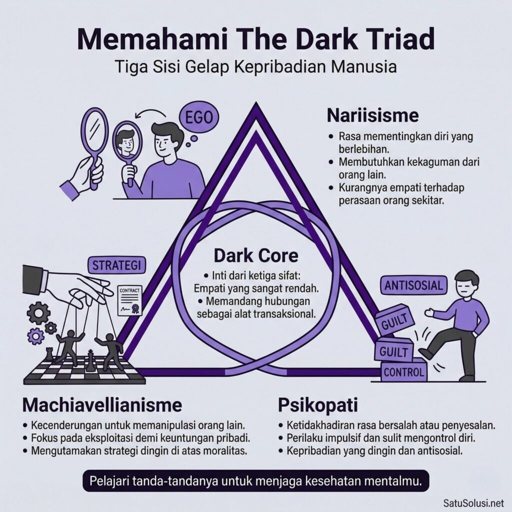 Diagram segitiga The Dark Triad yang menjelaskan perbedaan inti antara narsisme, makiavelianisme, dan psikopati.