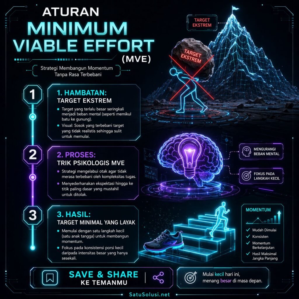 Amazing 5 Bukti Mengesankan Kekuatan Konsistensi: Kunci Hidup Luar Biasa 2 Infografis panduan menerapkan strategi Minimum Viable Effort (MVE) agar tidak pernah gagal menjaga kekuatan konsistensi pada saat motivasi sedang turun.