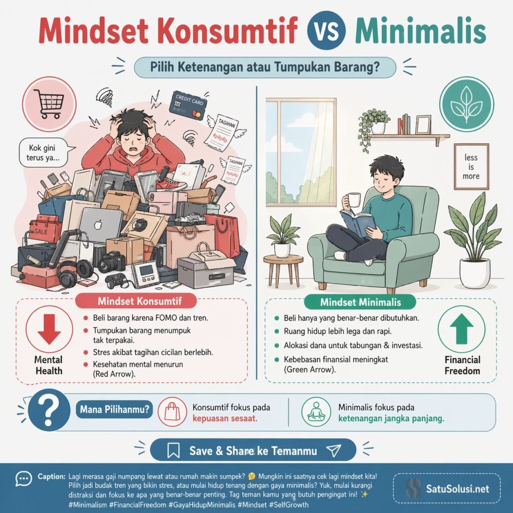 Hidup Minimalis di Era Konsumtif: Filosofi, Kiat Praktis, dan Transformasi Mental-Finansial 1 Ilustrasi perbandingan antara seseorang yang stres terjebak dalam gaya hidup konsumtif penuh utang dengan seseorang yang tenang mempraktikkan hidup minimalis.