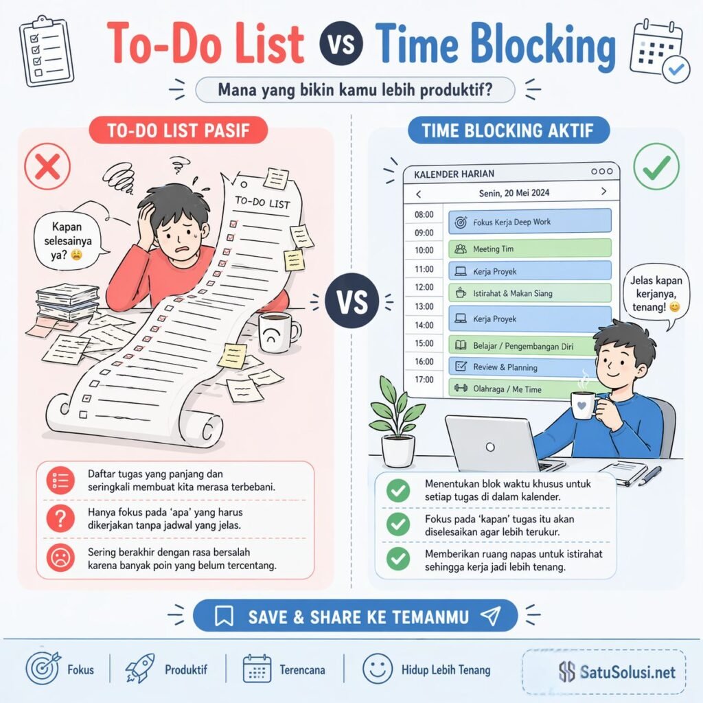 Ilustrasi perbedaan efek psikologis antara menggunakan To-Do list tradisional yang memicu stres dengan teknik Time Blocking yang rapi dan terkendali.