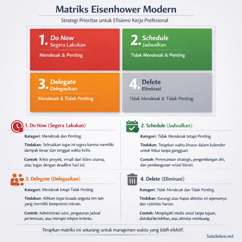Cara Mengatur Prioritas Hidup Saat Semua Mendesak 2 Ilustrasi Matriks Eisenhower untuk Mengatur Prioritas Hidup yang membagi tugas menjadi 4 kuadran: Do, Schedule, Delegate, dan Delete.