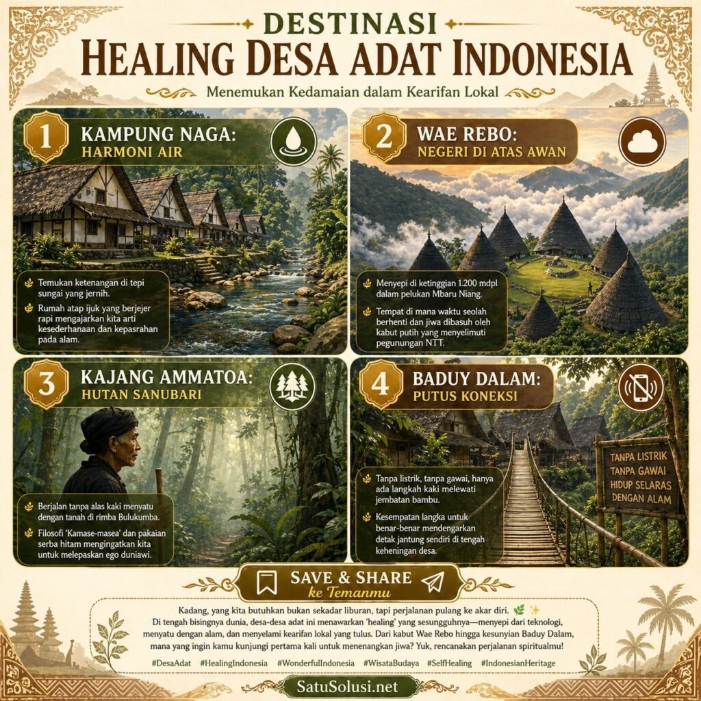 7 Rahasia Wisata Budaya Desa Adat: Obat Stres Ampuh dan Perjalanan Mencari Diri 2 Bagan matriks visual yang menampilkan empat rekomendasi destinasi wisata budaya desa adat populer di Indonesia (Kampung Naga, Wae Rebo, Kajang, dan Baduy) beserta karakteristik uniknya untuk wisata penyembuhan mental.