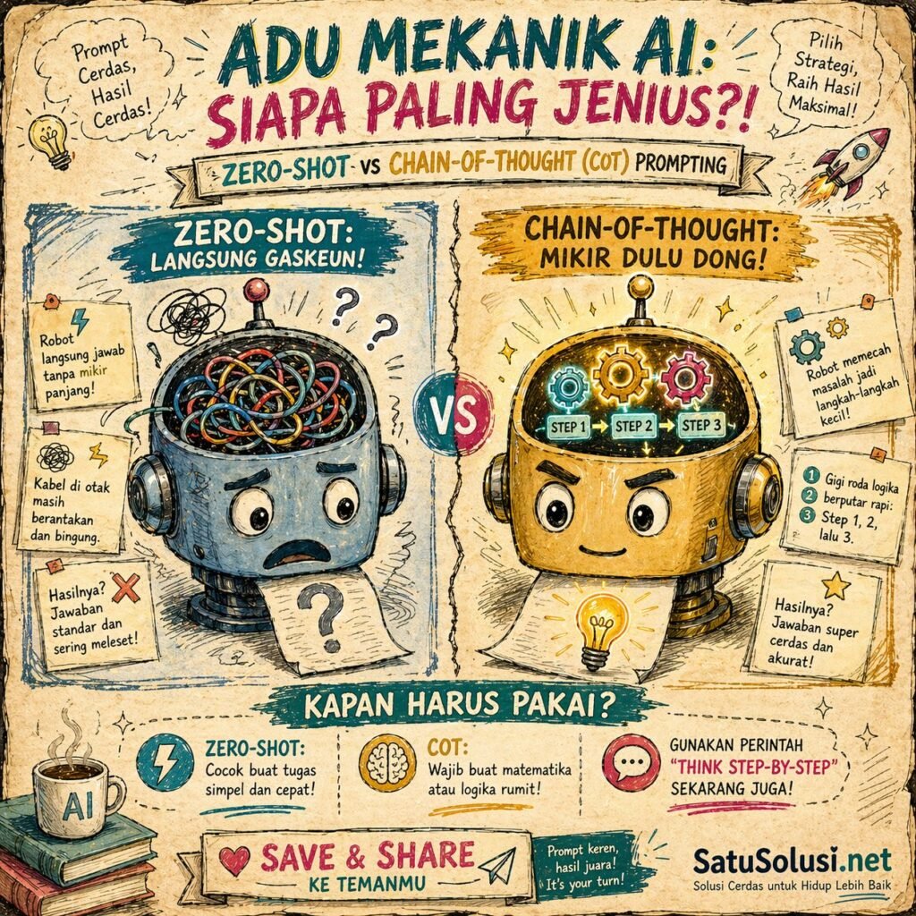 Ilustrasi perbandingan visual antara AI yang menjawab prompt engineering secara instan (Zero-Shot) versus AI yang dipaksa berpikir logis langkah demi langkah (Chain of Thought).