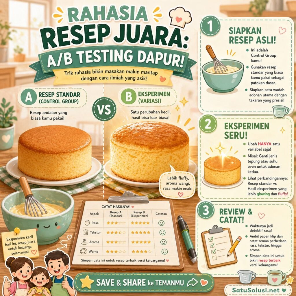 Bagan alur infografis panduan menerapkan metode A/B Testing untuk eksperimen dapur dengan mengisolasi satu variabel agar menemukan akar masalah resep yang gagal.