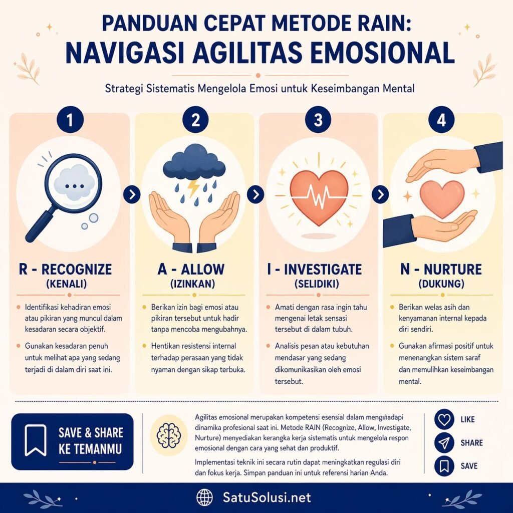 7 Danger Signs Toxic Positivity: Stop Membohongi Diri Sendiri! 2 Toxic Positivity: Infografis panduan 4 langkah teknik RAIN (Recognize, Allow, Investigate, Nurture) untuk menenangkan emosi negatif tanpa memendamnya.
