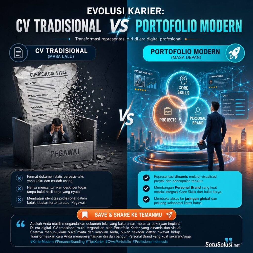7 Langkah Membangun Portofolio Karier Anti Resesi: Panduan Bertahan di Era Ketidakpastian 1 Infografis yang membandingkan kelemahan mengandalkan CV pasif versus kekuatan membangun ekosistem Portofolio Karier anti resesi.