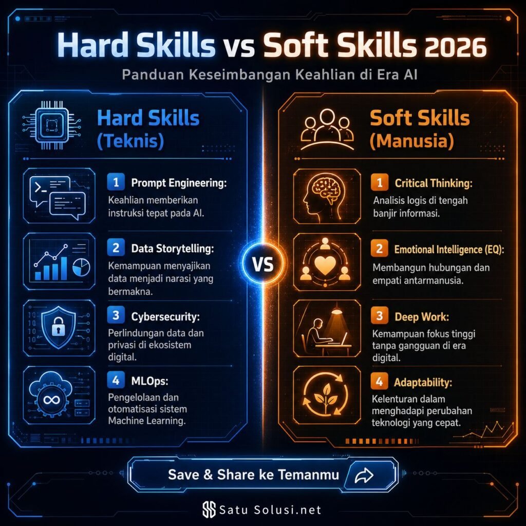 Infografis pembagian hard skill dan soft skill keterampilan digital 2026.