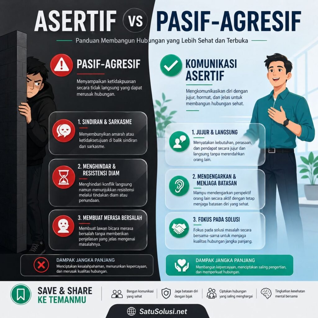 Perilaku Passive-Aggressive: Tabel perbandingan visual antara gaya komunikasi asertif yang profesional dengan komunikasi passive-aggressive yang toksik.