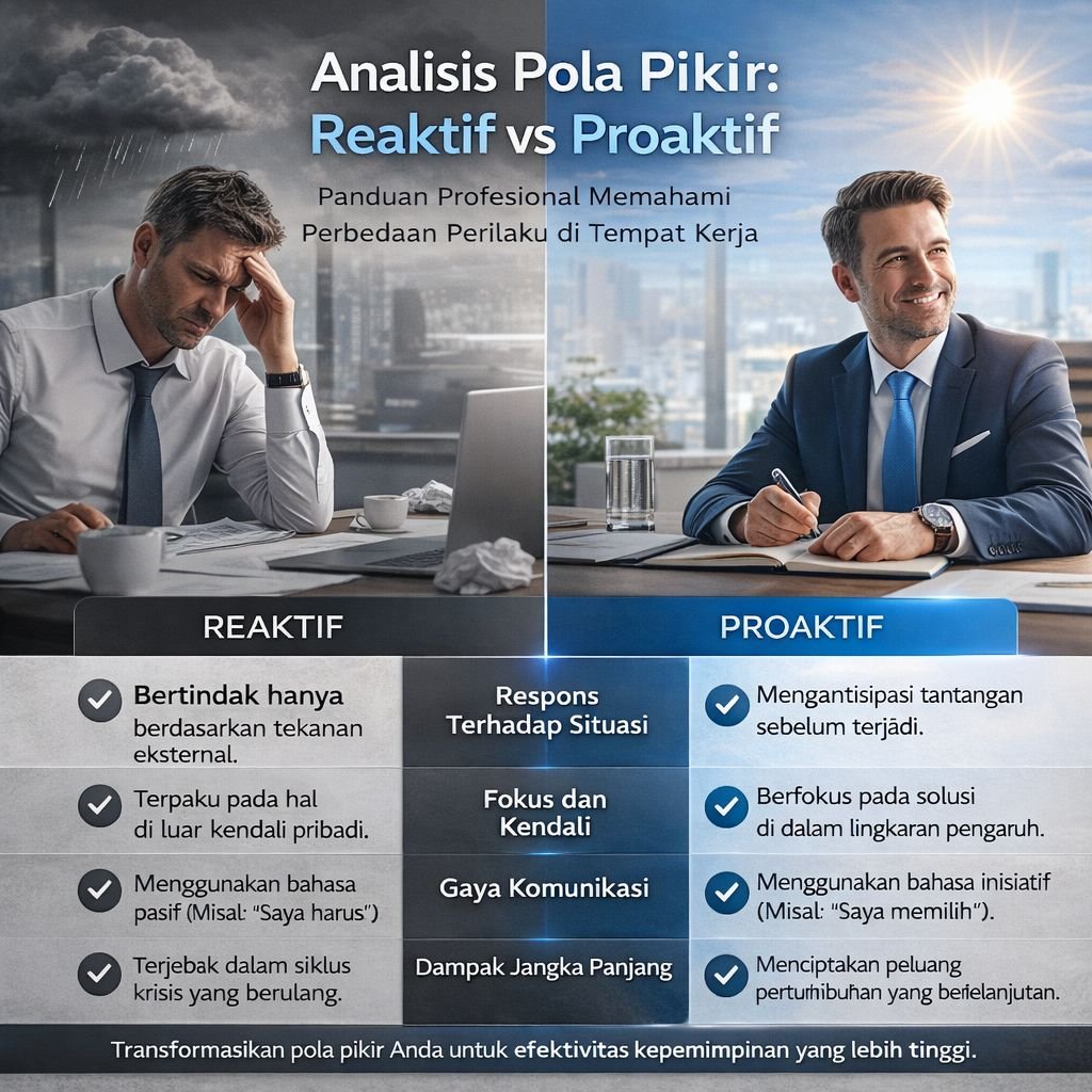 Perbedaan perilaku reaktif dan proaktif dalam menerapkan Mindset Locus of Control untuk ketahanan mental di tahun 2026.