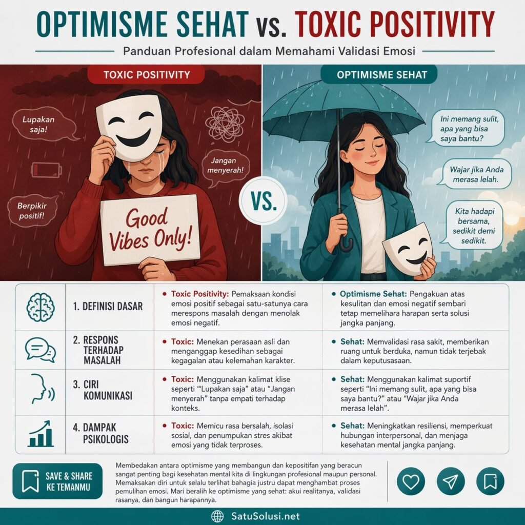 7 Danger Signs Toxic Positivity: Stop Membohongi Diri Sendiri! 1 Ilustrasi perbandingan antara toxic positivity yang memaksa memakai topeng kebahagiaan dengan optimisme sehat yang menerima realitas rasa sakit.