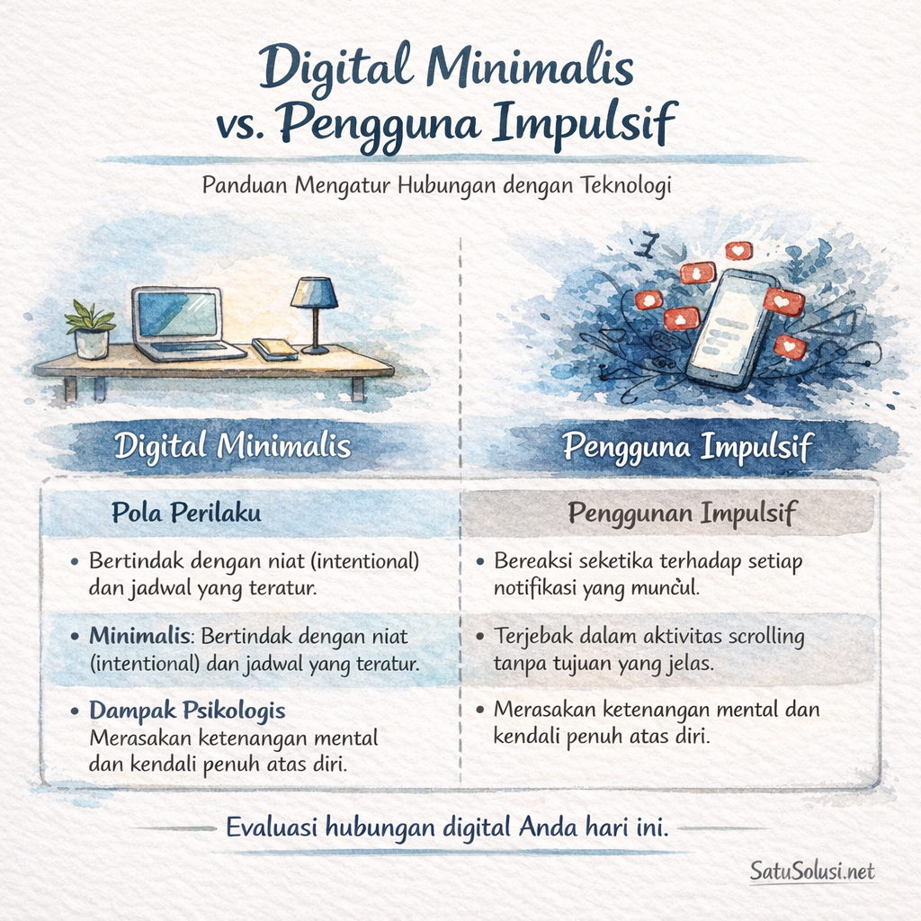 Tabel perbandingan perbedaan perilaku antara seorang Digital Minimalis dengan pengguna teknologi impulsif di era algoritma AI.