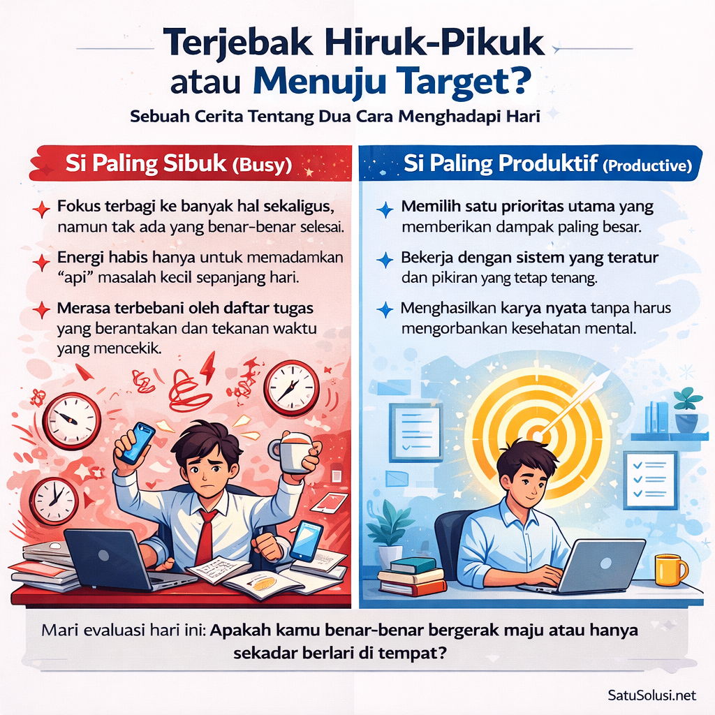Bukan Sibuk Tapi Produktif: Bedanya Ada di Sini 1 Ilustrasi bukan sibuk tapi produktif perbandingan antara orang yang sibuk dan stres karena multitasking dengan orang yang produktif karena fokus pada satu hal.